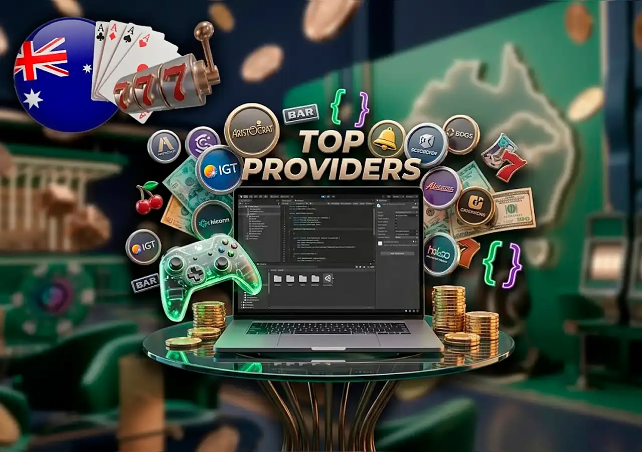 Leading pokie software provider logos Pragmatic Play BGaming and Aristocrat style